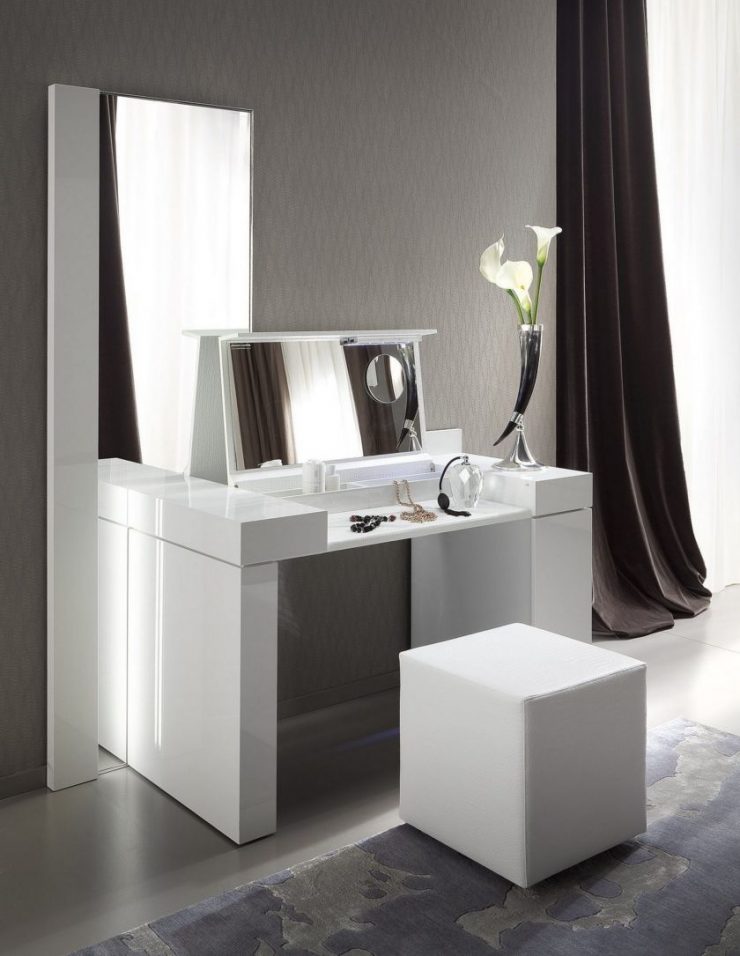 fancy white gloss makeup table for the bedroom with flip top mirror and solid side support base foot board also cube white upholstery ottoman Домострой