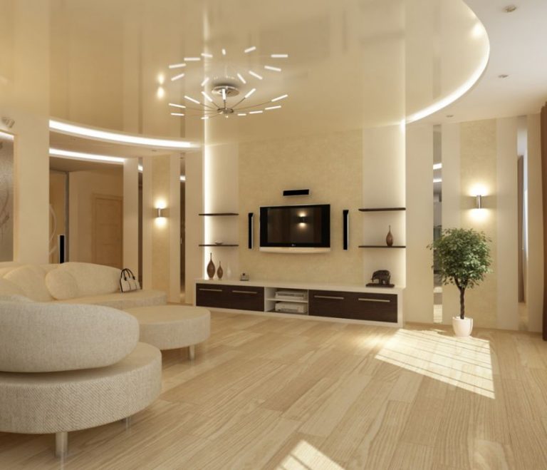7. Потолок из искусственно состаренных досок Дизайн зала Фото новинки в квартире Pinedesign