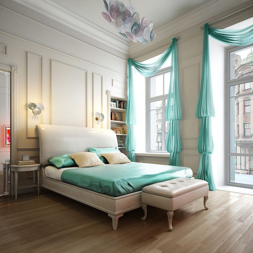 Дизайн спальни бело бирюзовой